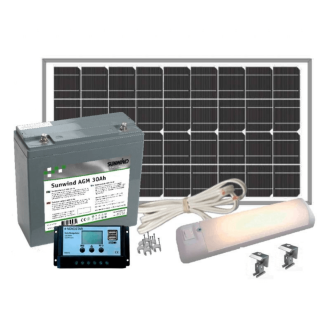 Aurinkoenergiapaketti Pikkula 12V: Kätevä ratkaisu valaistukseen ulkokäymälässä tai varastotilassa