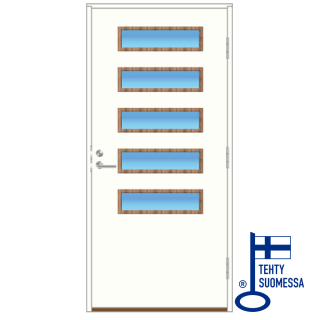 Kotimainen yksilehtinen ulko-ovi, viidellä vaakalasilla: 78mm, U-arvo 0,6-0,9